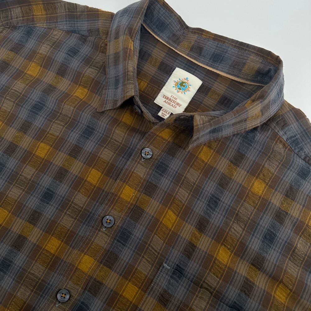 The Territory Ahead Button Down Shirt XXLT Brown Plaid Excellent Short Sleeve